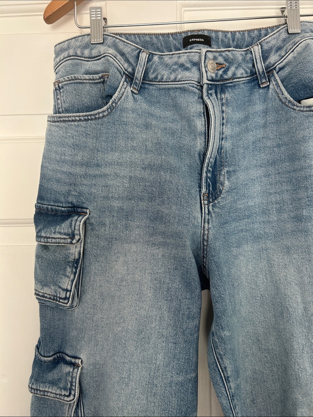 Express Light Blue Relaxed Cargo Jeans for Women